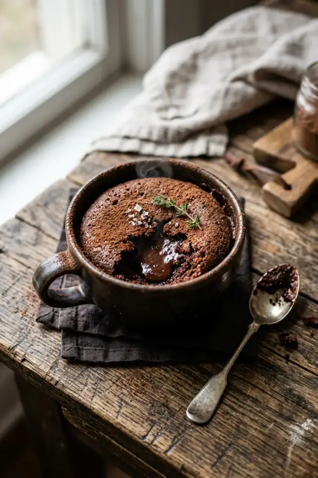 A warm chocolate mug cake topped with whipped cream and chocolate chips, served in a ceramic mug with a spoon