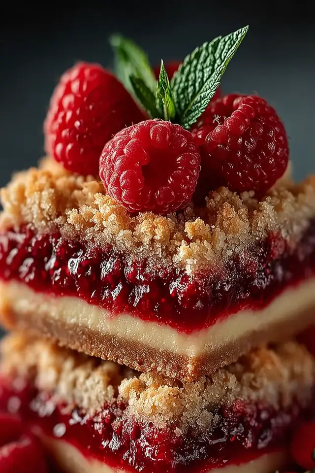 Close-up side view of stacked raspberry crumble bars showing golden oat topping, tart red berry filling, and buttery shortbread base