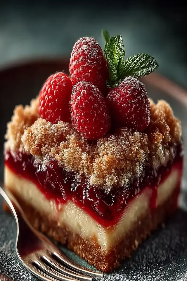 Overhead shot of raspberry crumble bars cooling in pan with one square partially lifted, displaying the layers of filling and crumble