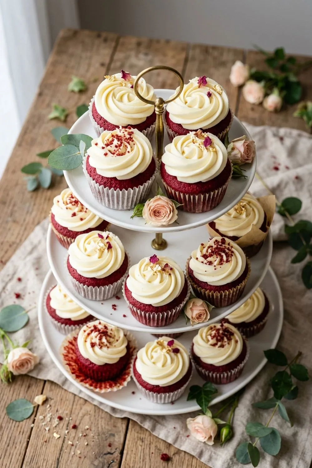Red velvet cupcakes with swirled cream cheese frosting arranged on a wooden board