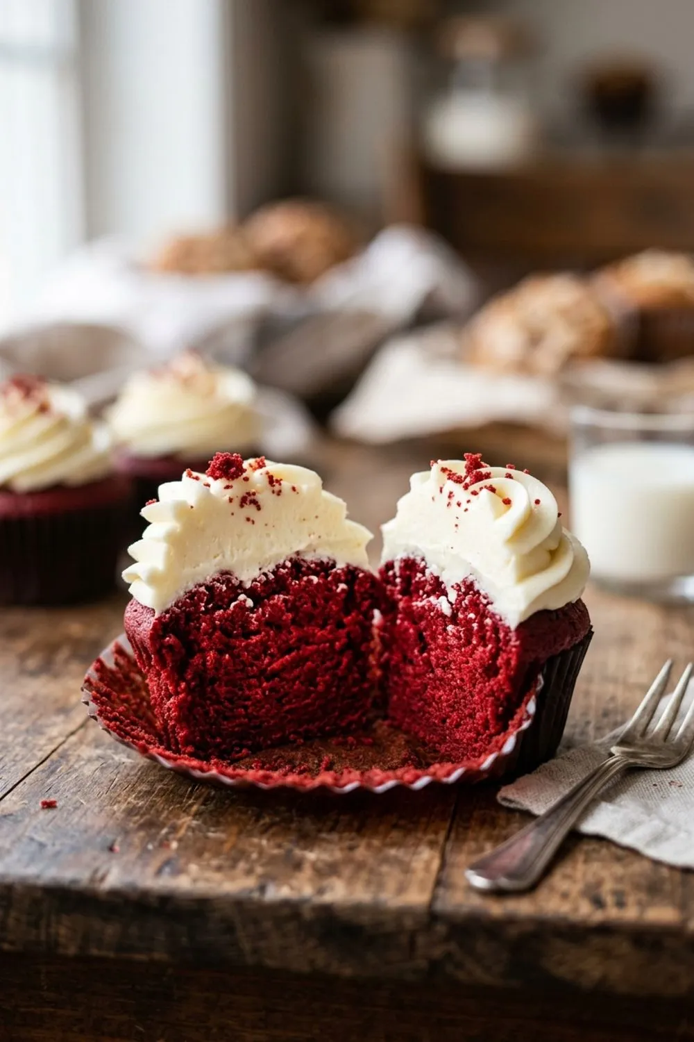Red velvet cupcake batter being poured into lined muffin tin
