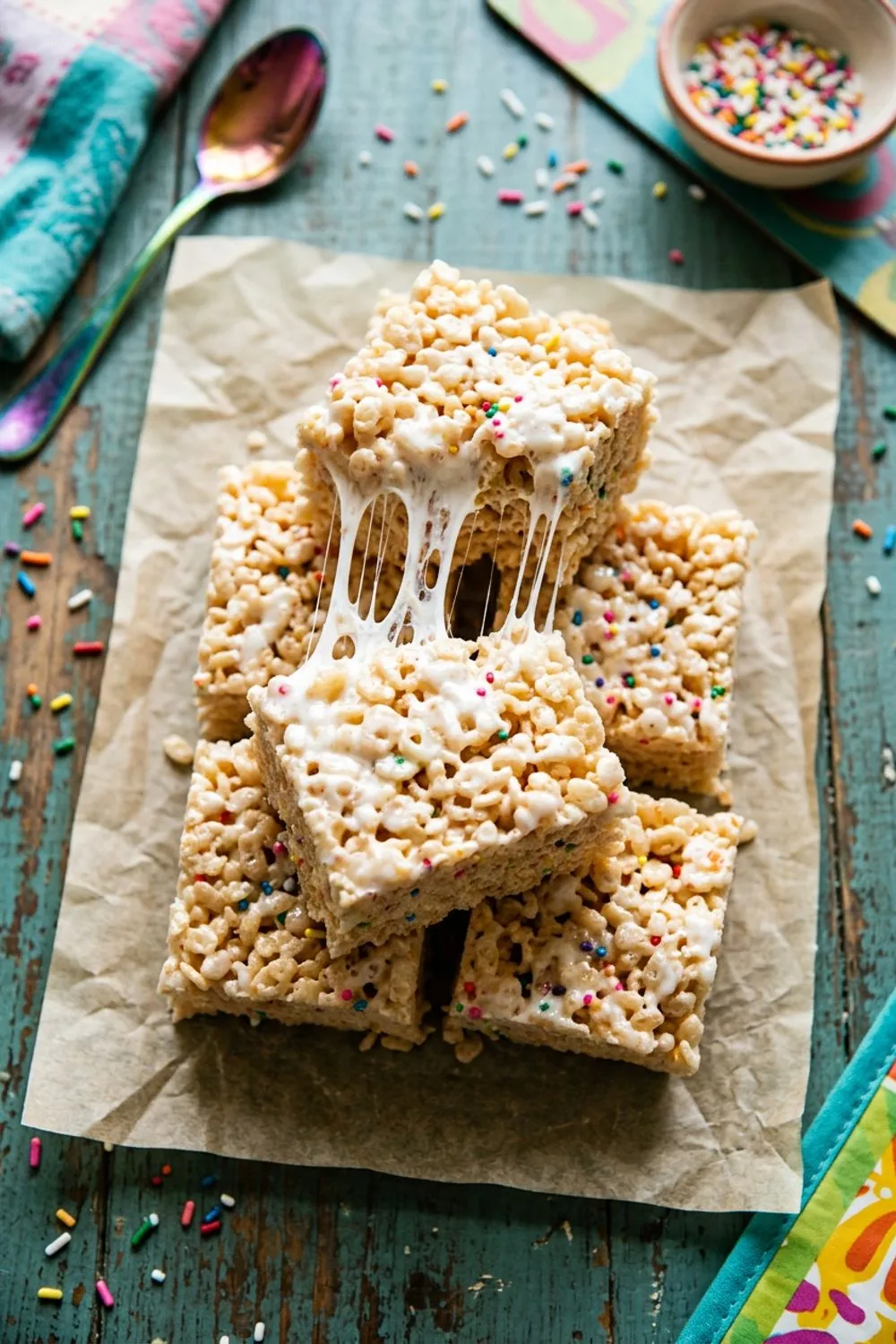 Stack of thick, gooey rice krispie treats on a wooden cutting board with marshmallow strings visible