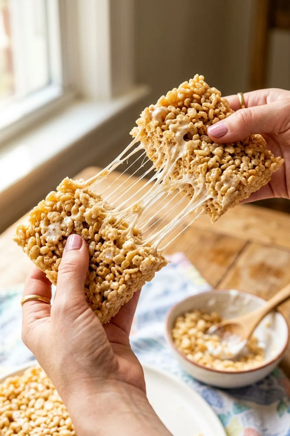 Close-up of a rice krispie treat being pulled apart showing gooey marshmallow strings