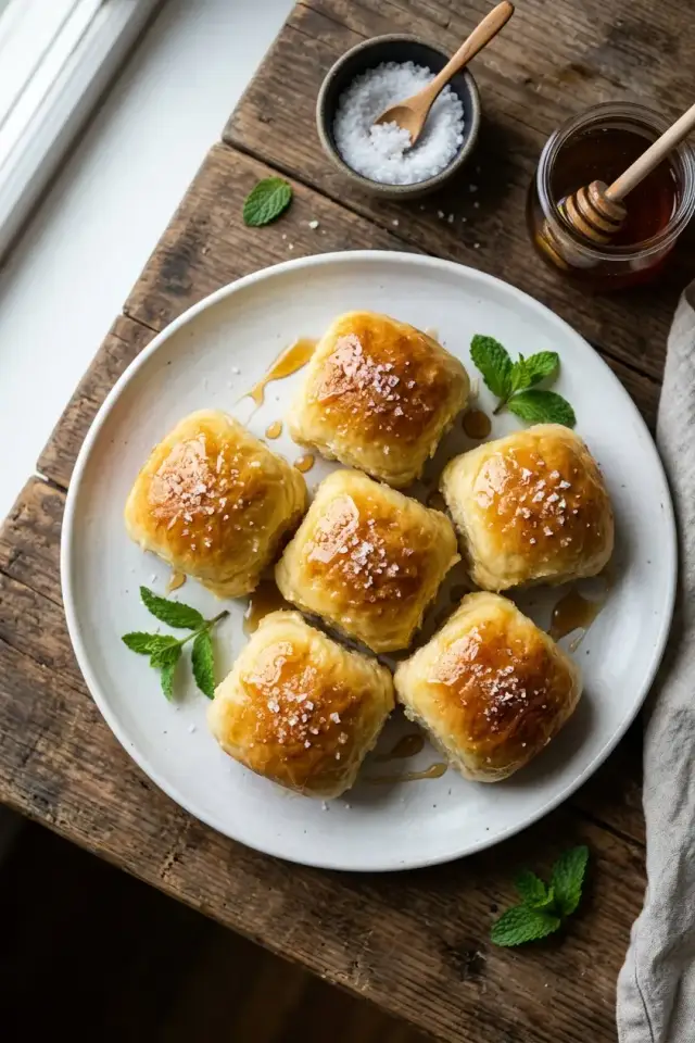 Golden-brown salted honey butter rolls fresh from the oven, glistening with honey butter glaze and topped with fleur de sel
