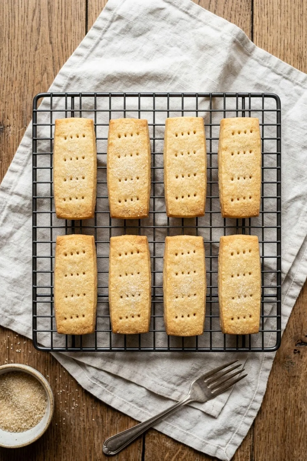 Round buttery shortbread cookies arranged on a cooling rack with golden edges