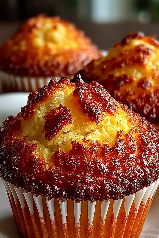 A warm vanilla muffin with a golden-brown top in a white paper liner, photographed close-up with a bite taken out to show the tender crumb inside