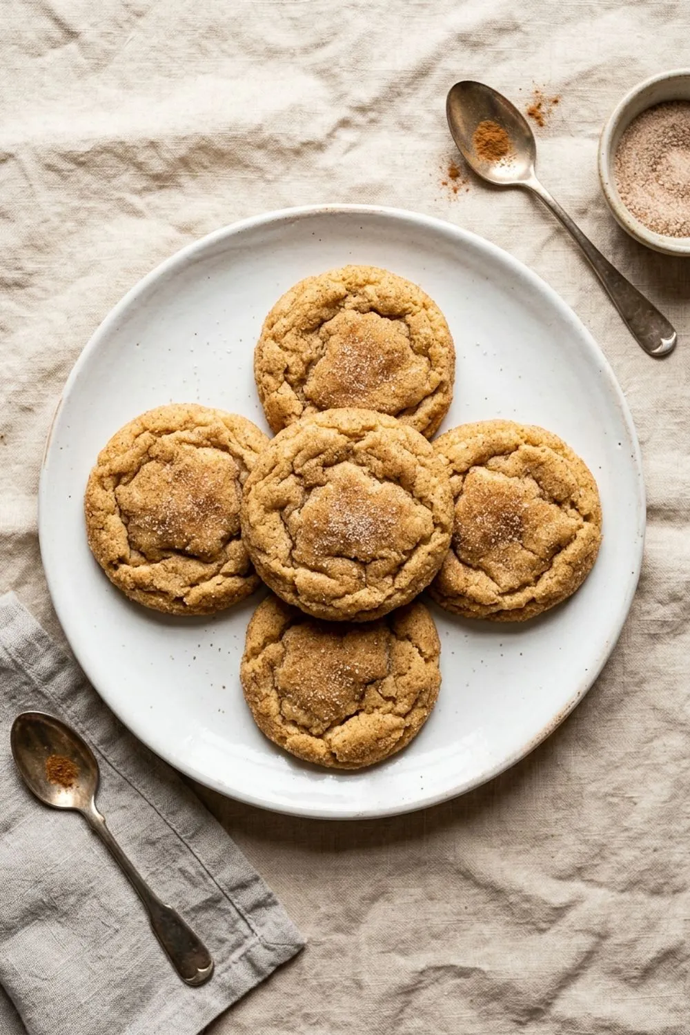 Soft cinnamon sugar snickerdoodle cookies with crinkly tops on a white plate