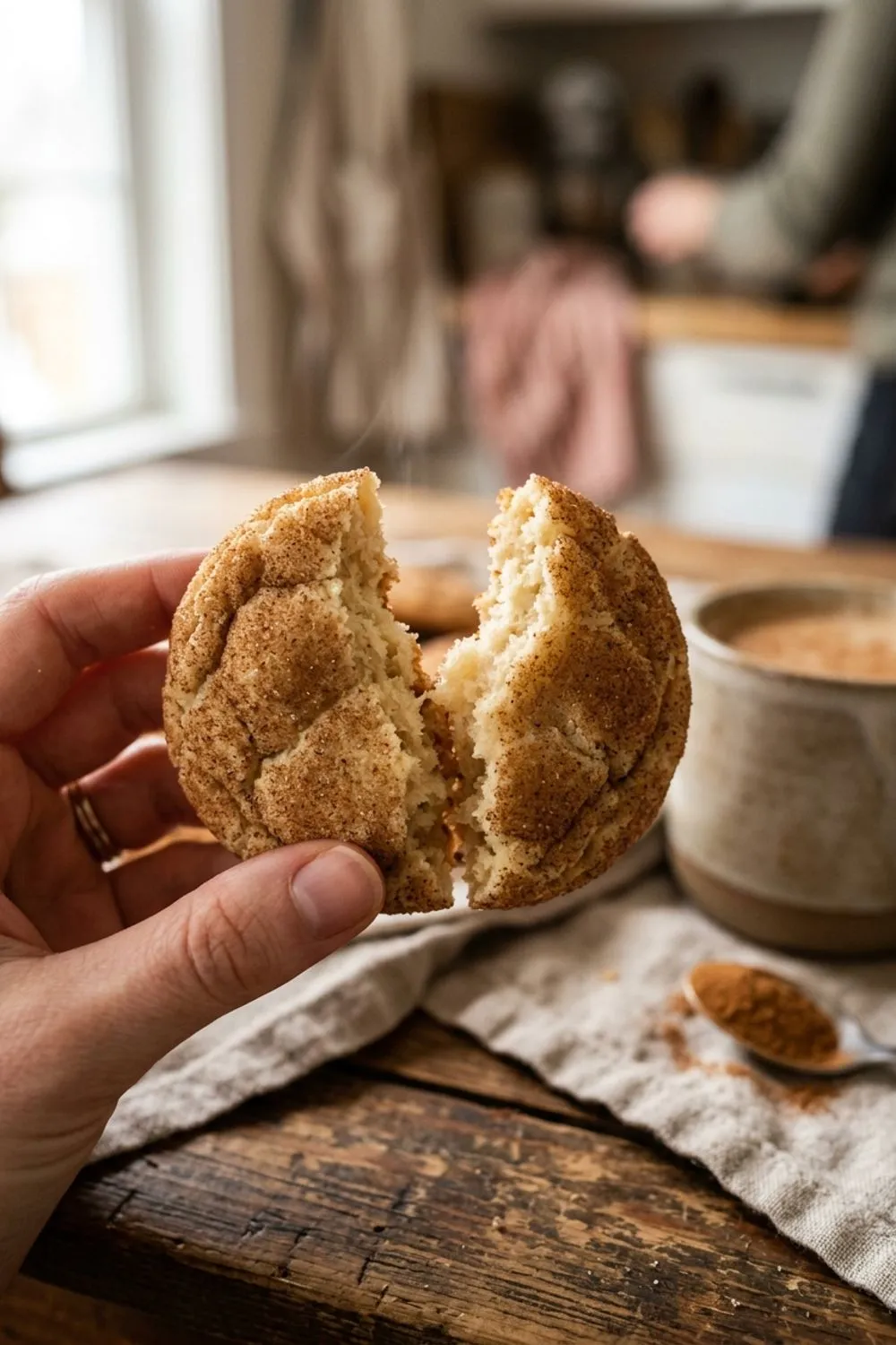 Close-up of snickerdoodle showing the crinkly cinnamon sugar surface