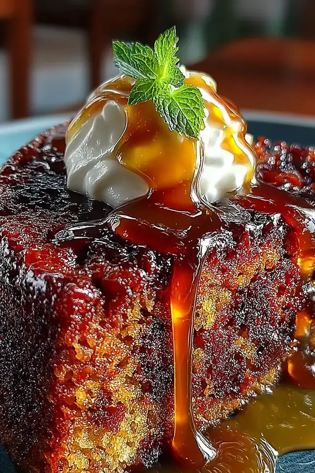 Close-up side view of a slice of sticky toffee pudding with glossy toffee sauce dripping down the sides, showing moist dark cake crumb texture