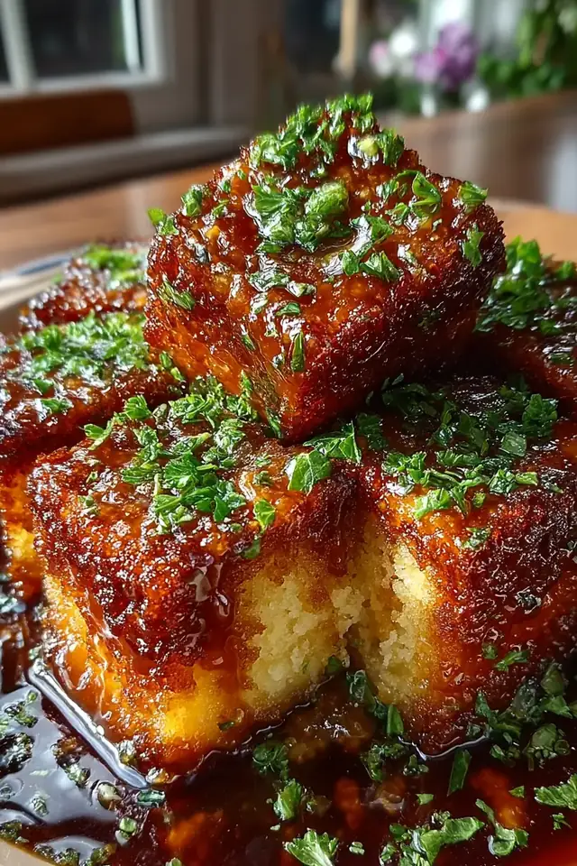 Overhead shot of the full baking dish of sticky toffee pudding with rich caramel sauce pooling around warm cake pieces