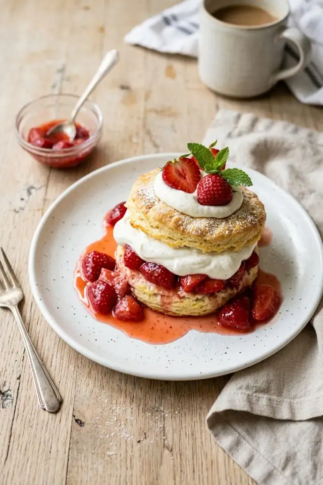 Classic strawberry shortcake with flaky biscuits, macerated strawberries, and whipped cream on a white plate