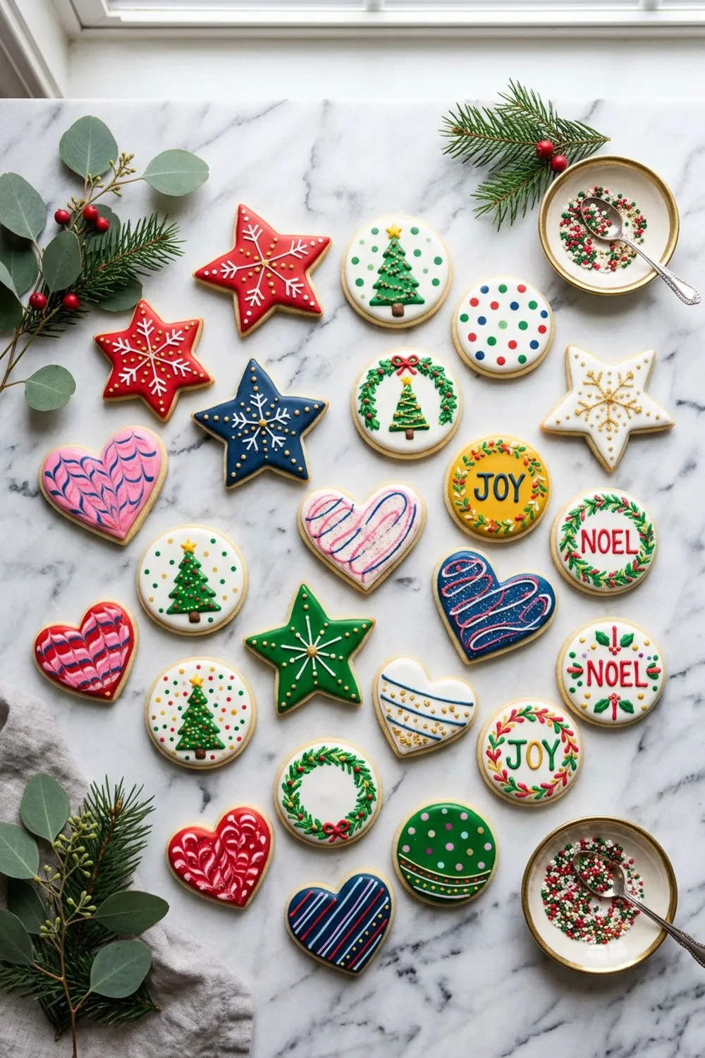 Soft sugar cookies in various shapes with colorful icing on a marble surface