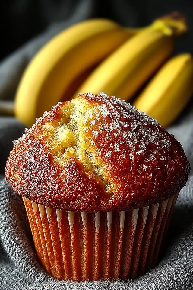Close-up side view of a warm sugar-free banana muffin with a golden-brown top and moist crumb, partially unwrapped from its paper liner, surrounded by fresh ripe bananas