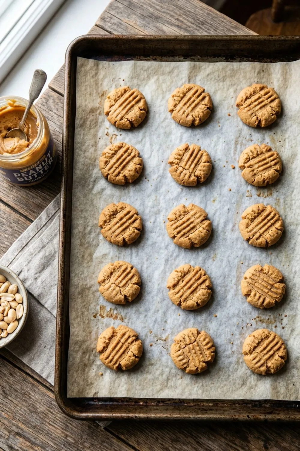 Golden peanut butter cookies with classic crosshatch fork marks on a baking sheet