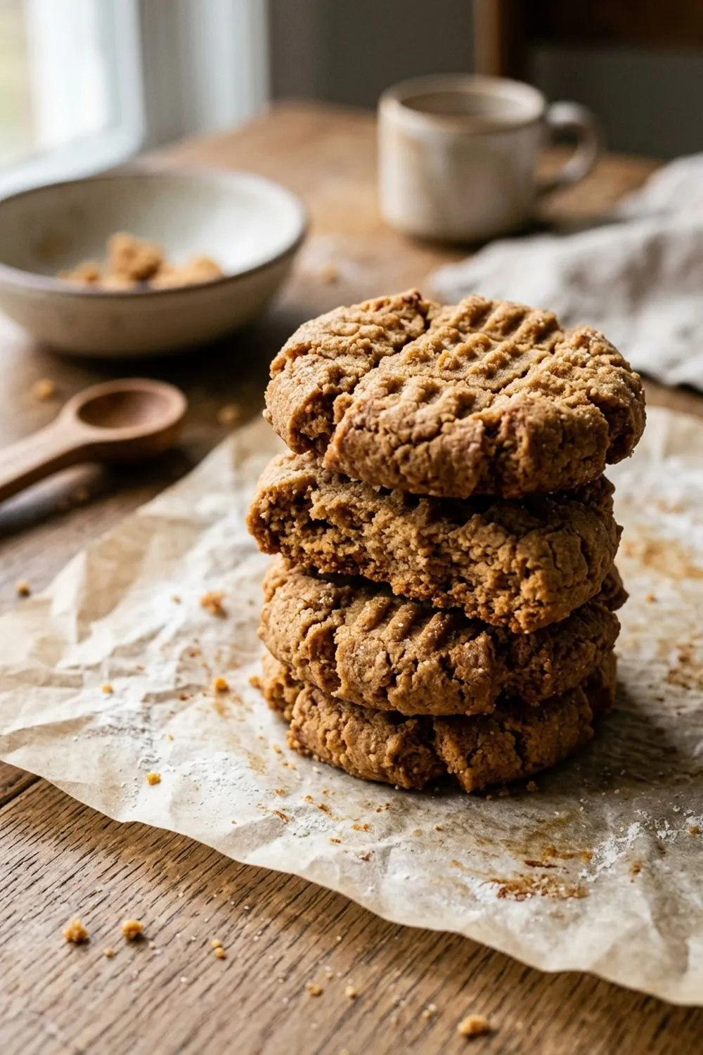 Three-ingredient peanut butter cookie dough balls on a parchment-lined baking sheet with a fork for pressing
