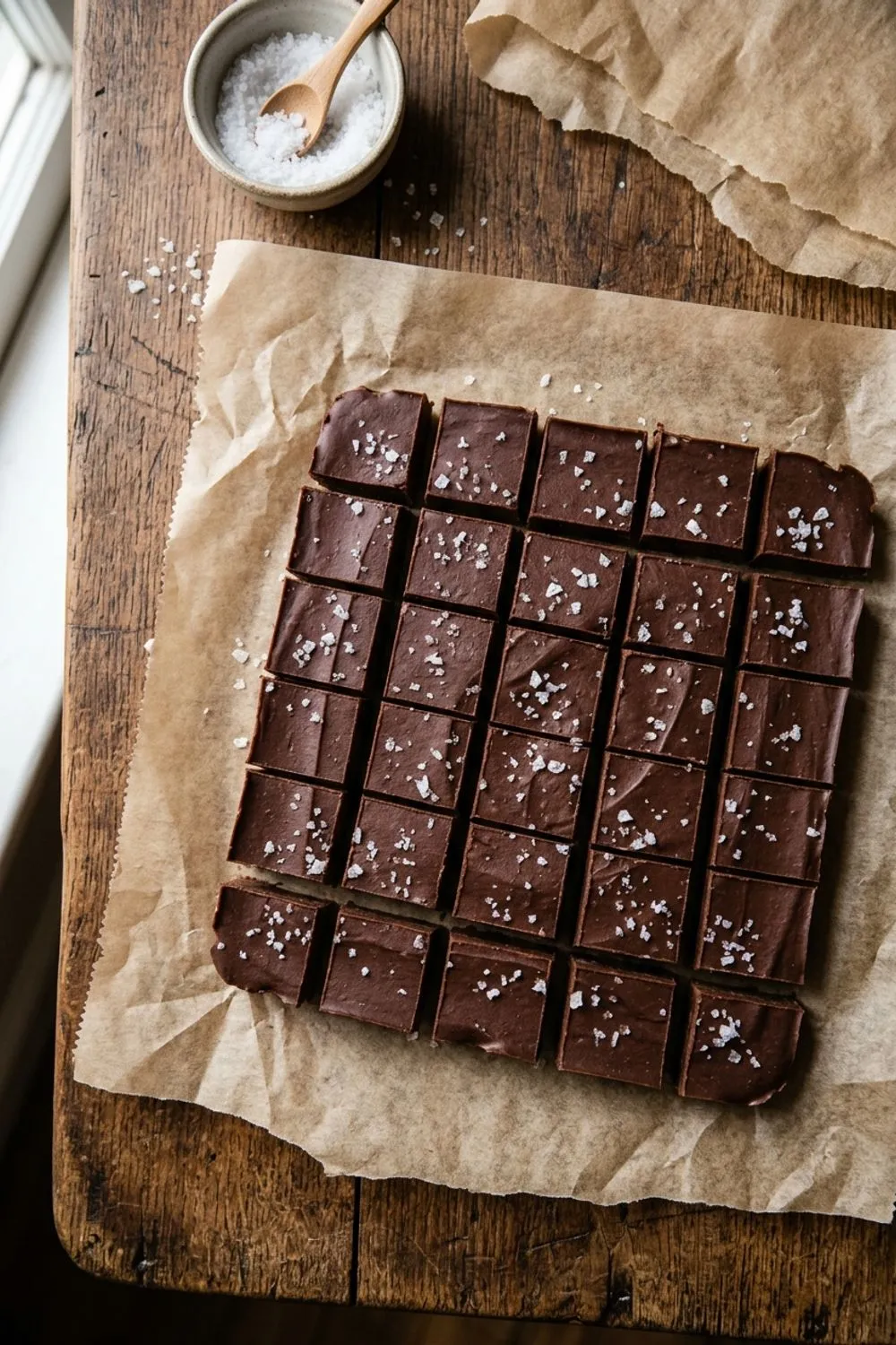 Squares of rich chocolate fudge stacked on parchment paper with a smooth glossy surface