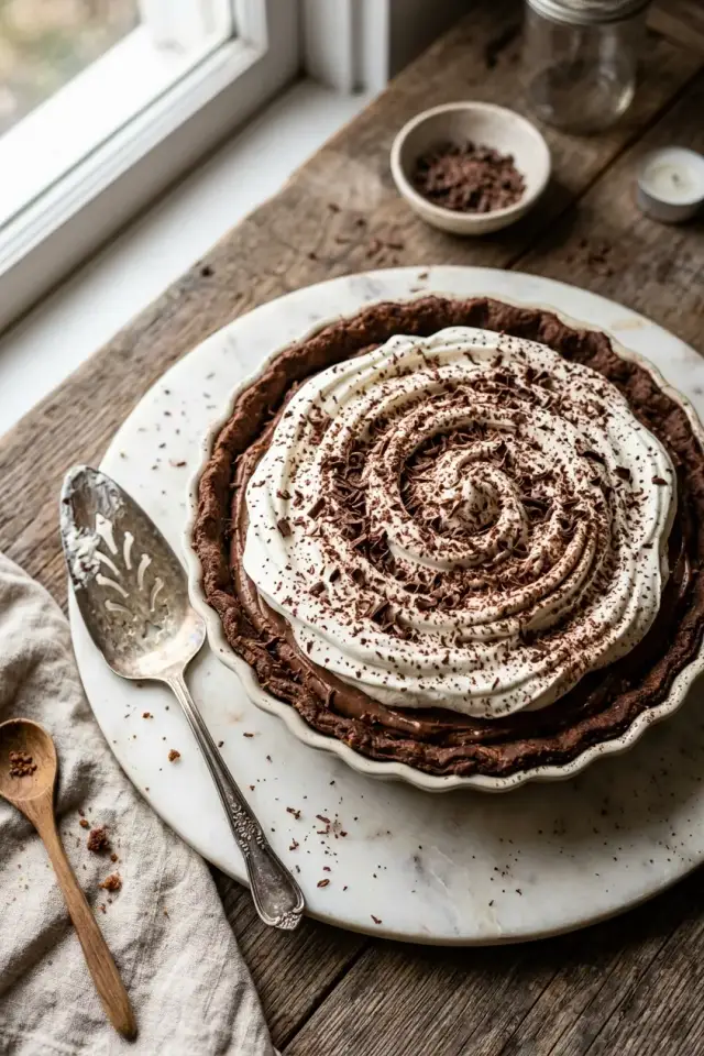 Slice of rich chocolate cream pie with fluffy whipped cream topping and chocolate shavings on a white plate