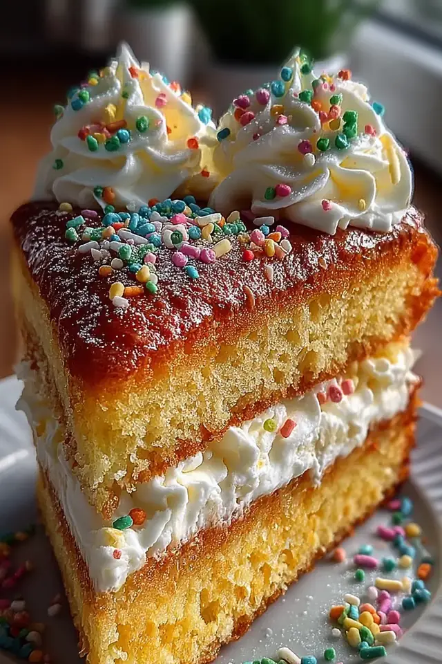 Close-up side view of a two-layer vanilla birthday cake with thick white frosting and colorful sprinkles, showing the moist tender crumb inside