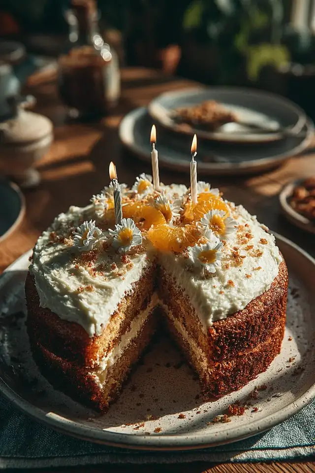 Overhead view of a whole vanilla birthday cake on a white plate with lit birthday candles on top and sliced pieces nearby