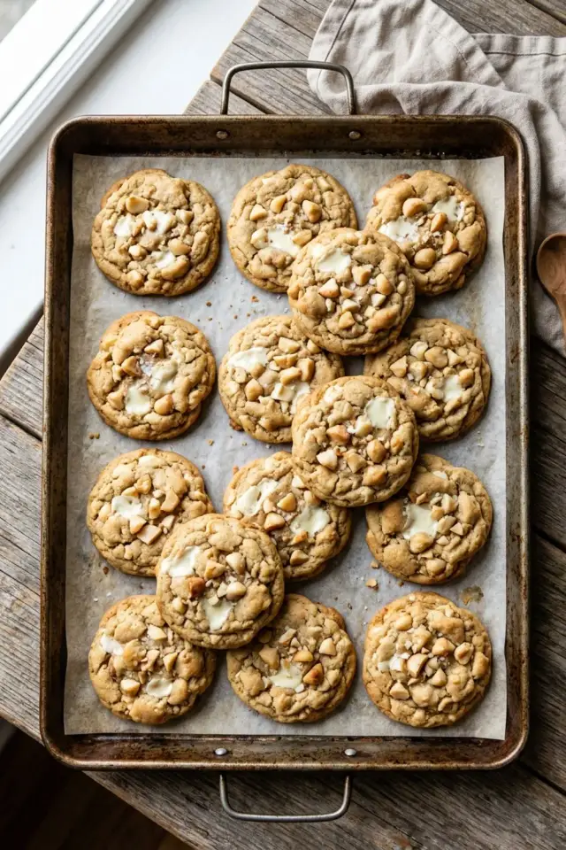 White chocolate macadamia cookies stacked on a plate with visible chunks of white chocolate and nuts