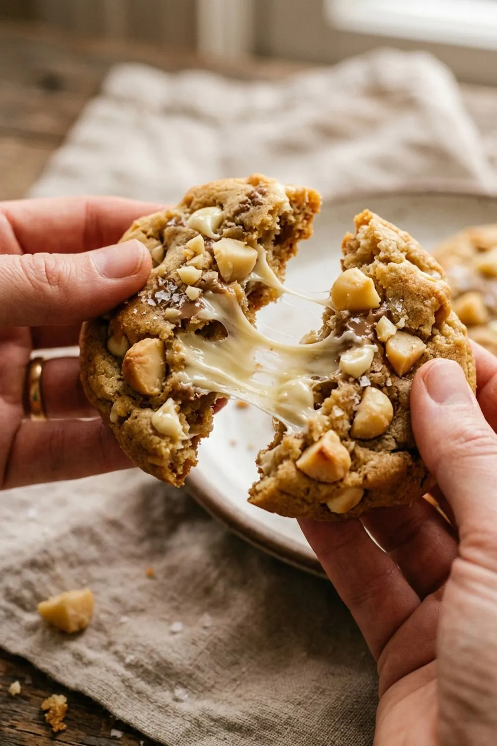 Close-up of a white chocolate macadamia cookie broken in half showing the soft chewy interior