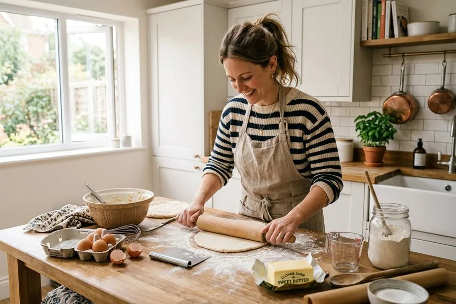 Sandi baking in her kitchen, rolling dough on a flour-dusted countertop
